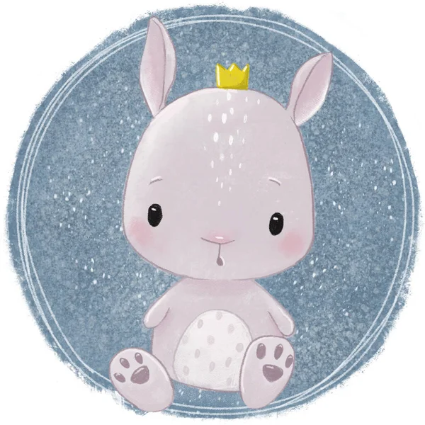 Растрова Ілюстрація Милого Пухнастого Кролика Рожевими Вухами Круглому Тлі Зірками — стокове фото