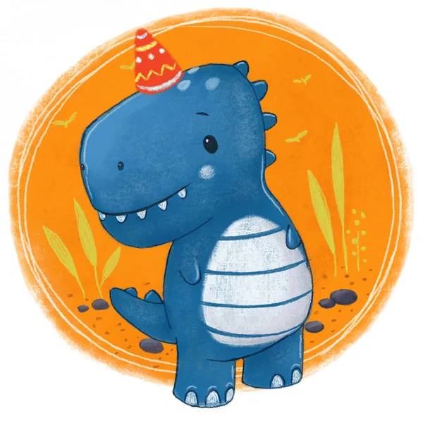 Raster Ilustração Lindo Dinossauro Bebê Azul Com Coroa Fundo Laranja — Fotografia de Stock