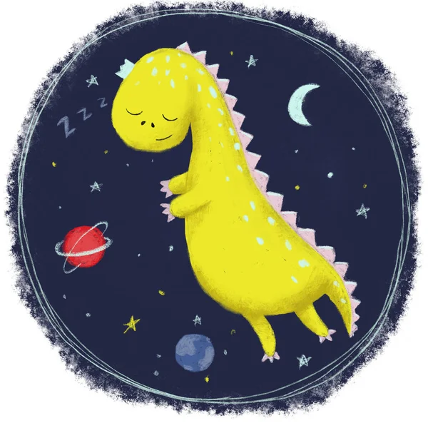 Raster Illustration Cute Yellow Baby Dinosaur Deep Blue Background Planets — Stock Photo, Image