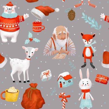 Noel Baba 'da kusursuz bir düzen var. Noel temasının Raster illüstrasyonu. 