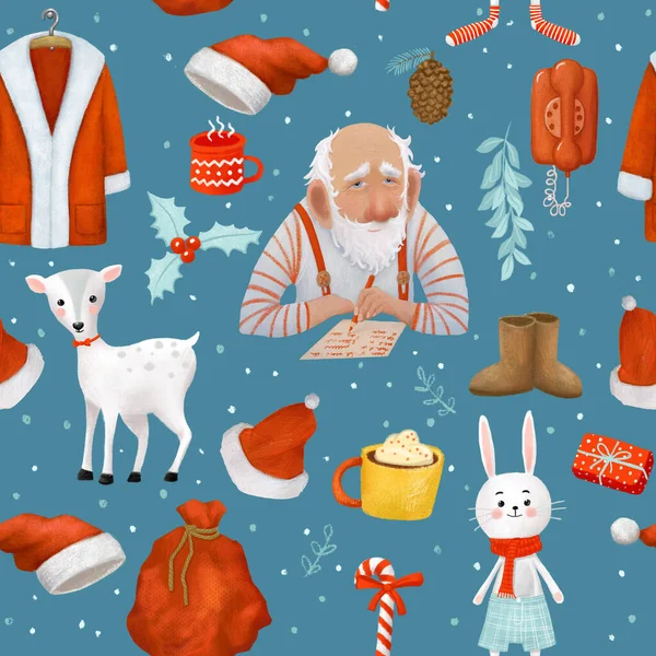 Modello Senza Cuciture Natale Con Babbo Natale Illustrazione Raster Del — Foto Stock