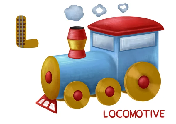 Alfabeto inglês dos desenhos animados, locomotiva — Fotografia de Stock