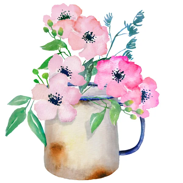 Watercolor jug with flowers — Stock Photo, Image