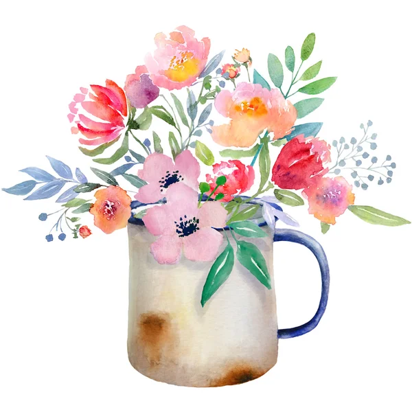 Watercolor jug with flowers — Stock Photo, Image