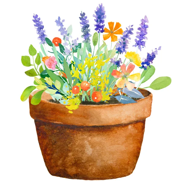 Akvarel džbán s květinami — Stock fotografie