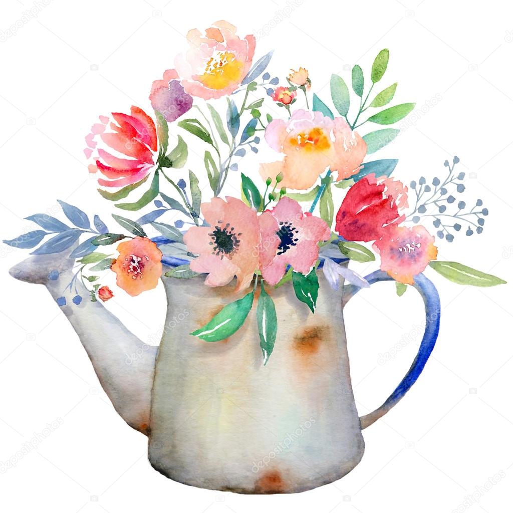 Watercolor jug with flowers Stock Photo by ©yaskii 99340816