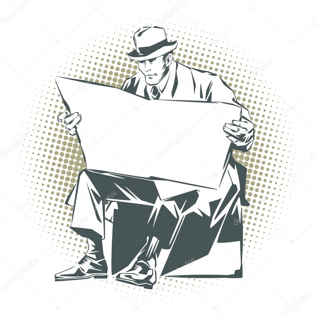 Stock illustration. People in retro style pop art and vintage advertising. Men with the newspaper.