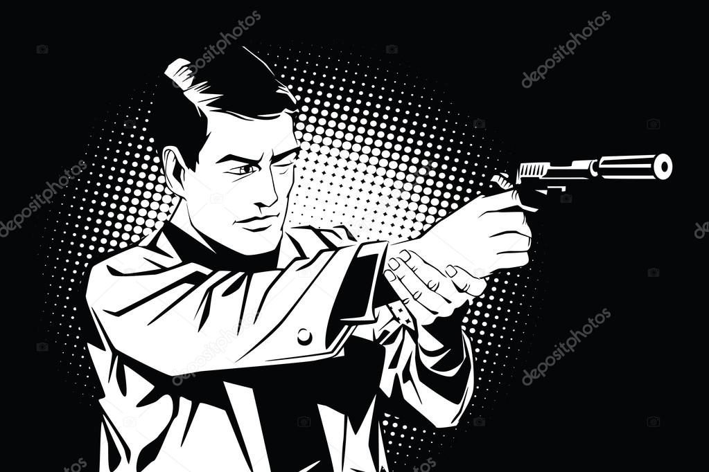 People in retro style pop art and vintage advertising. A man with a gun.