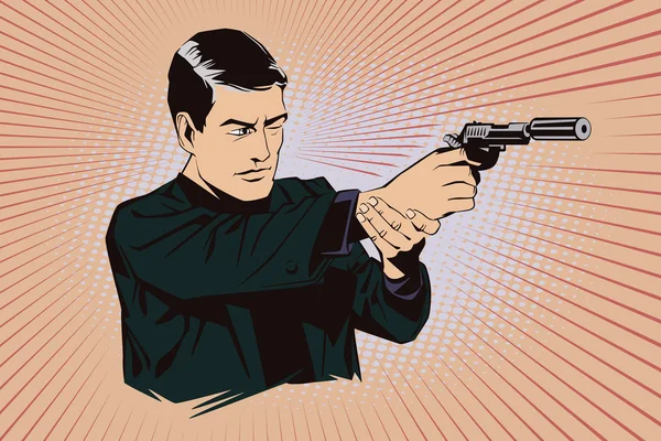 People in retro style pop art and vintage advertising. A man with a gun. — Stock vektor