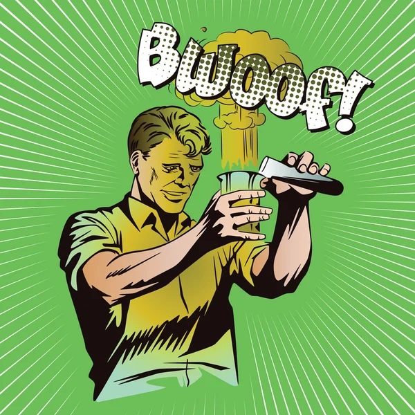 Gente en estilo retro pop art y publicidad vintage. Hombre haciendo experimentos químicos . — Vector de stock