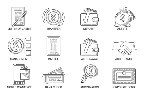 Zestaw ikon w stylu linii płaskiej. Kompozycja - finanse — Wektor stockowy