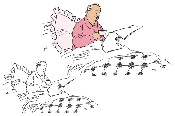 Illustration linéaire. Un homme lisant un journal au lit . — Image vectorielle