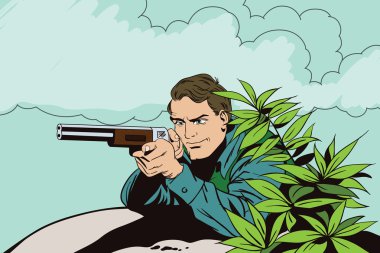 People in retro style. The hunter in an ambush.  clipart