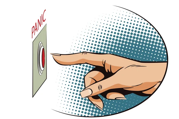 Vrouwelijke vinger op drukt de panic button. — Stockvector