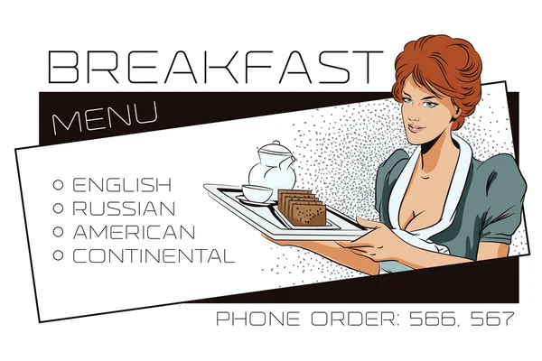 Die Kellnerin liefert das Frühstück. Vorlage adv. — Stockvektor
