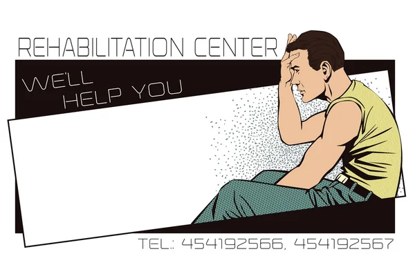 Aufgebrachter Mann, der seinen Kopf umklammert. Vorlage Anzeigen Rehabilitationszentrum — Stockvektor