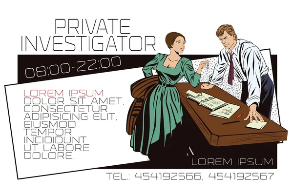 Privatdetektiv und Mädchen. Vorlage Werbung oder Visitenkarte. — Stockvektor