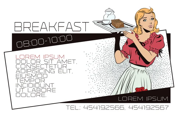 Empregada de mesa com pequeno-almoço. Anúncios de modelo ou cartão de visita . — Vetor de Stock