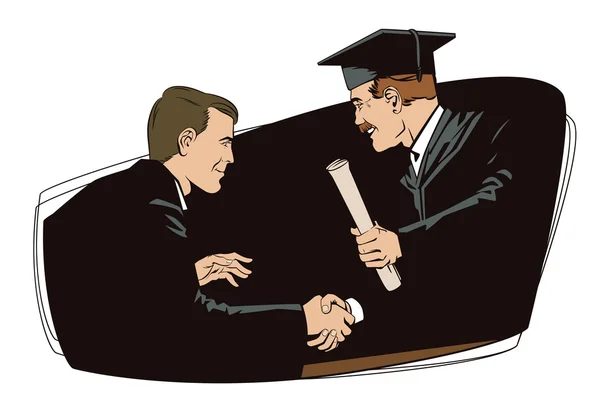 Gente de estilo retro. Profesor presenta diploma estudiante . — Vector de stock