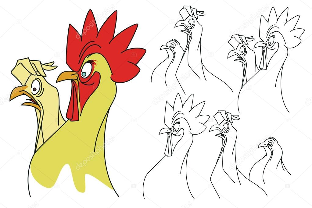 平らな線のイラスト 面白いオンドリおよび鶏 ストックベクター C Bomg11