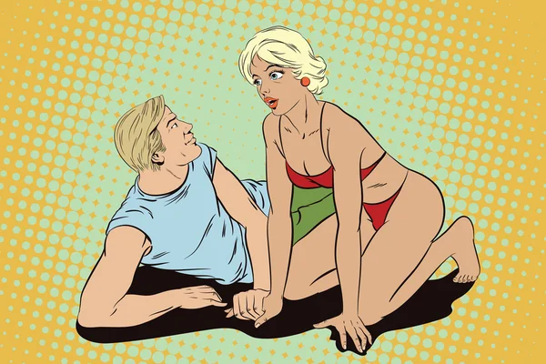 Mensen in retro stijl. Meisje en jongen op strand. — Stockvector