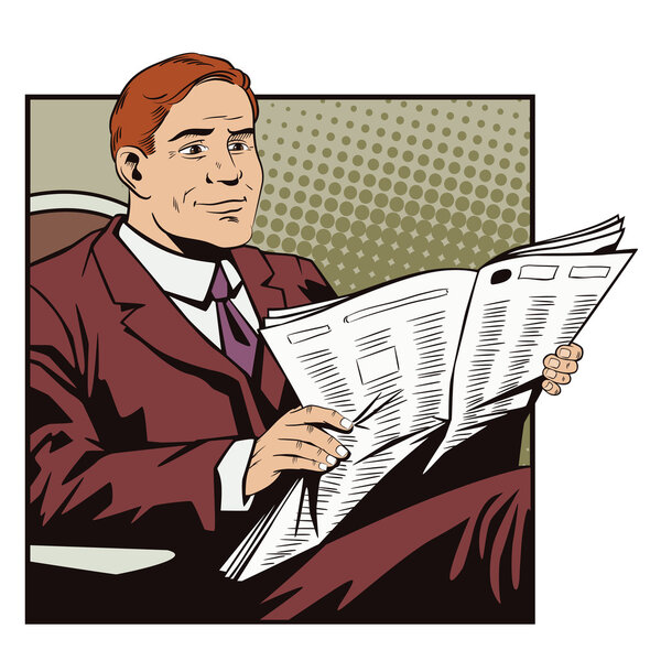 People in retro style. Businessman reads newspaper.