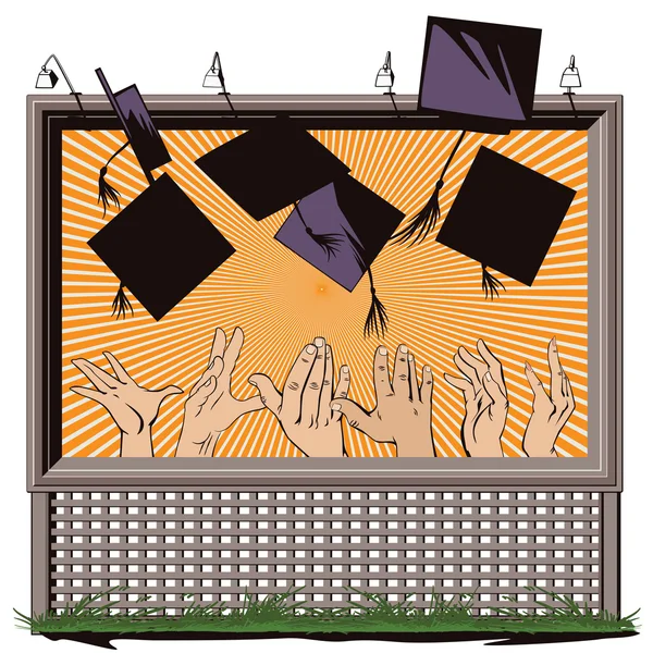 People in retro style. People throw academic caps. — Stock Vector