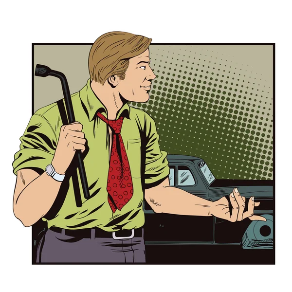 Hombre con una herramienta para reemplazar ruedas de coche . — Archivo Imágenes Vectoriales
