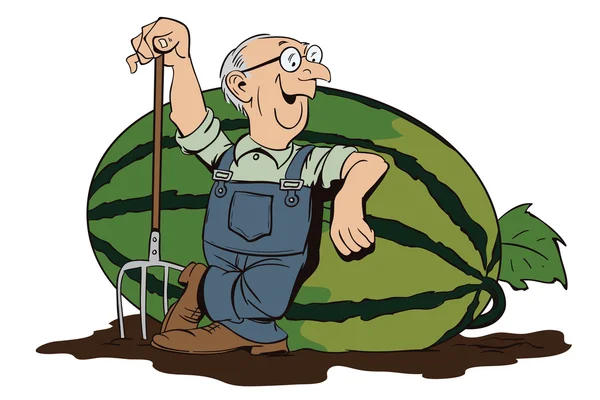 Proud farmer leans on a huge watermelon. — Stock Vector