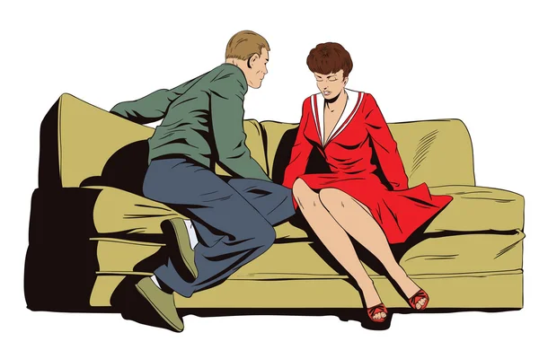 Par som sitter på sofaen og snakker – stockvektor