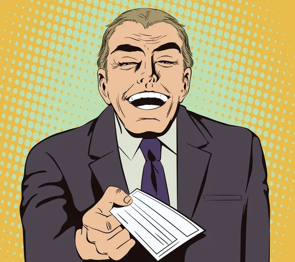 Homme riant avec chèque bancaire . — Image vectorielle