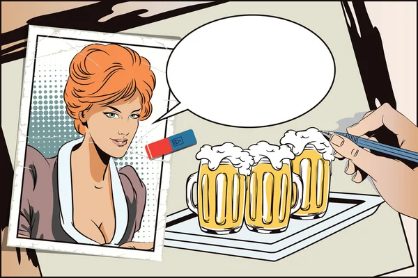 手描绘的画面。与啤酒的女招待。. — 图库矢量图片