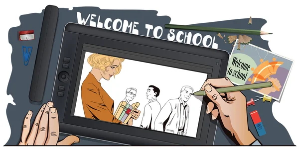 Terug naar school. Mooi meisje naar school te gaan. — Stockvector