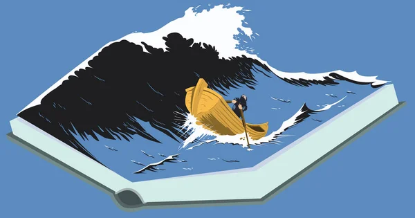 Hora Leer Hombre Barco Medio Del Mar Furioso Concepto Ilustración — Vector de stock