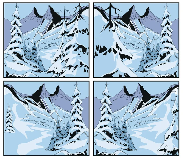 Paisaje Invernal Bosque Cubierto Nieve Montañas Nevadas Árboles Vector Ilustración — Vector de stock