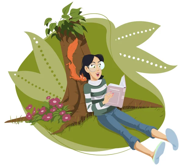 Dívka Čte Knihu Pod Stromem Ilustrace Pro Internet Mobilní Web — Stockový vektor