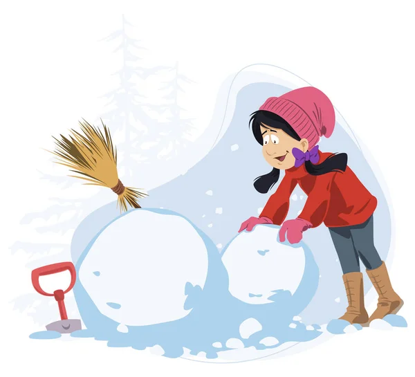 Winter Fun Girl Makes Snowman Illustration Internet Mobile Website Stock — Stock Vector