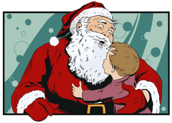 Kerstman Met Kind Kerstman Knuffelt Jongen Vector Voorraadillustratie — Stockvector