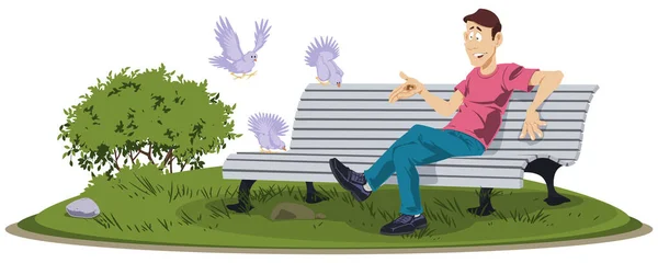 Uomo Allegro Sta Dando Mangiare Agli Uccelli Illustrazione Internet Sito — Vettoriale Stock