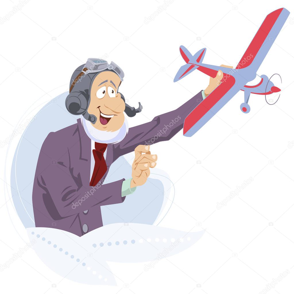 Man plays with toy plane. Illustration for internet and mobile website. Funny people. Stock illustration.