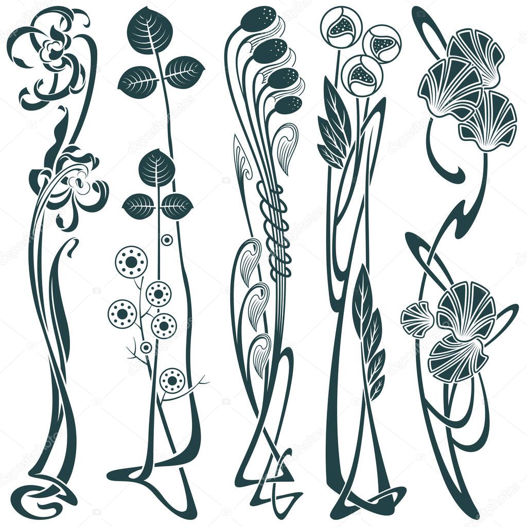 Vector vignette for labels, sticker and other design. Set of floral and plant tribal tattoos.