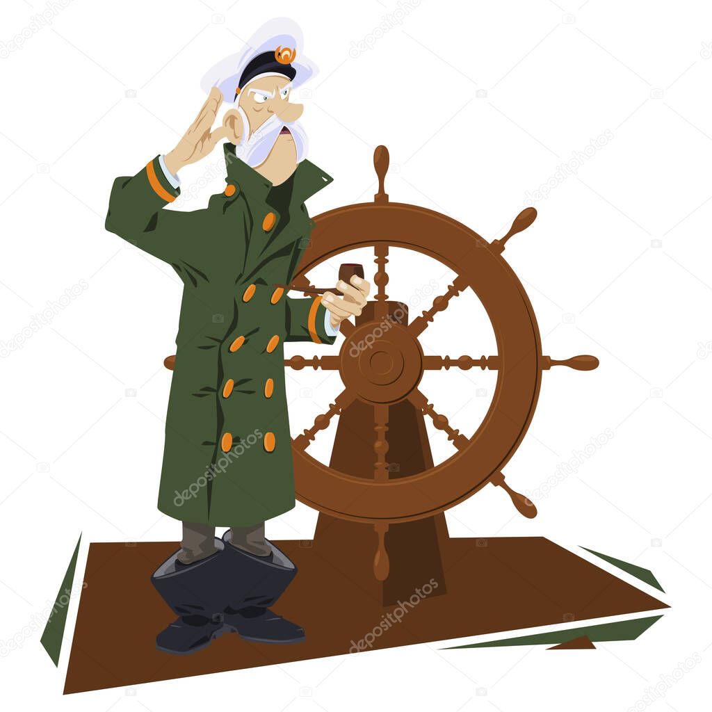 Sea wolf with pipe. Old captain of ship at wheel. Illustration for internet and mobile website. Funny people. Stock illustration.
