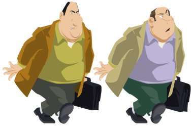 Fat man walks down street. Obese businessman with briefcase. Illustration concept for mobile website and internet development. vector