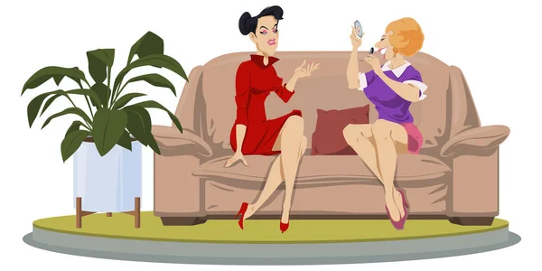 Girls Sitting Couch Talking Woman Colleagues Communicate Illustration Concept Mobile — Image vectorielle