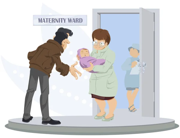 Infirmière Amène Nouveau Son Père Heureux Homme Maternité Soins Santé — Image vectorielle