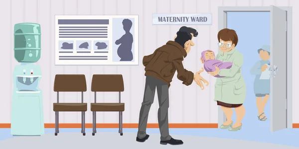 Infirmière Amène Nouveau Son Père Heureux Homme Maternité Soins Santé — Image vectorielle