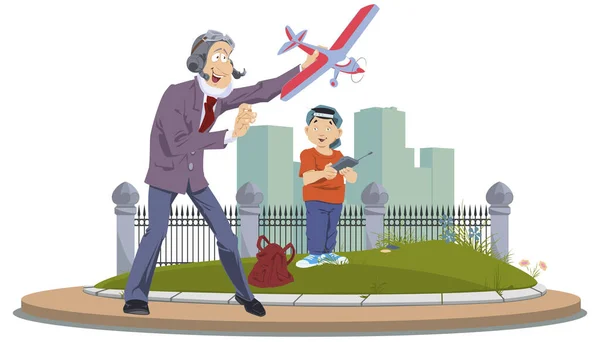 男と子供はおもちゃの飛行機で遊ぶ モバイルウェブサイトやインターネット開発のためのイラストコンセプト — ストックベクタ