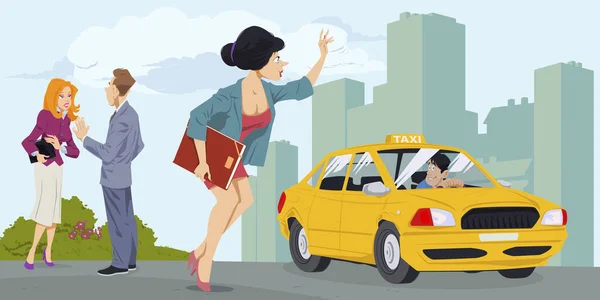 若い女性が街で車に乗る 女の子はタクシーに乗りたがっている モバイルウェブサイトやインターネット開発のためのイラストコンセプト — ストックベクタ