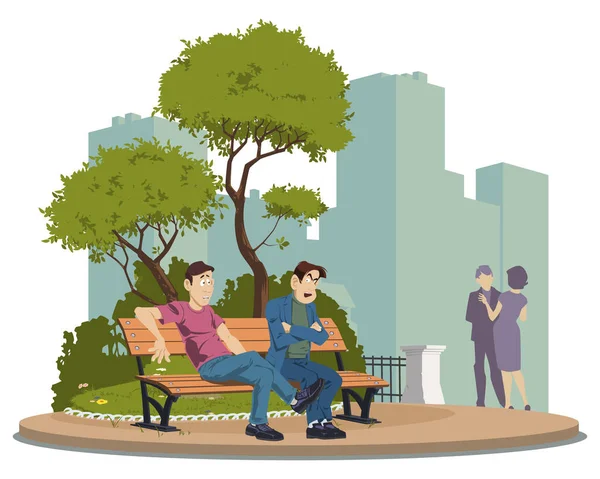 Des Amis Qui Parlent Sur Banc Parc Illustration Pour Site — Image vectorielle