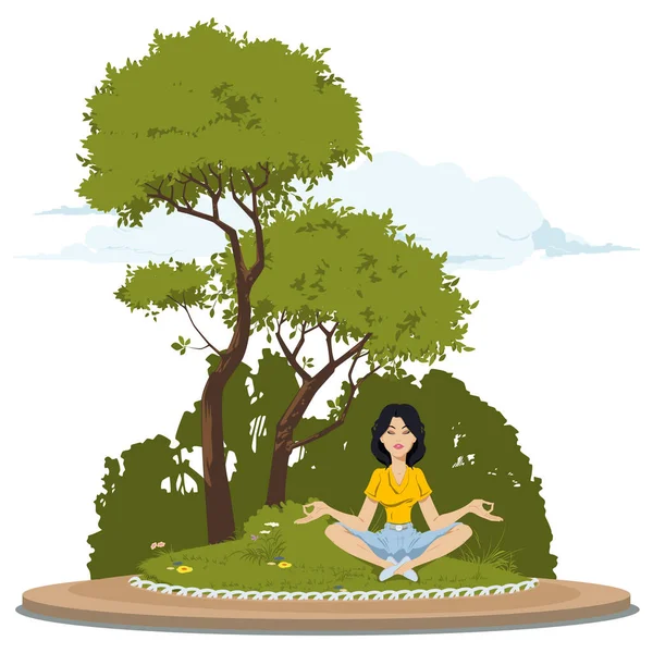 Chica Dedicada Yoga Naturaleza Descansa Parque Ilustración Para Internet Sitio — Archivo Imágenes Vectoriales